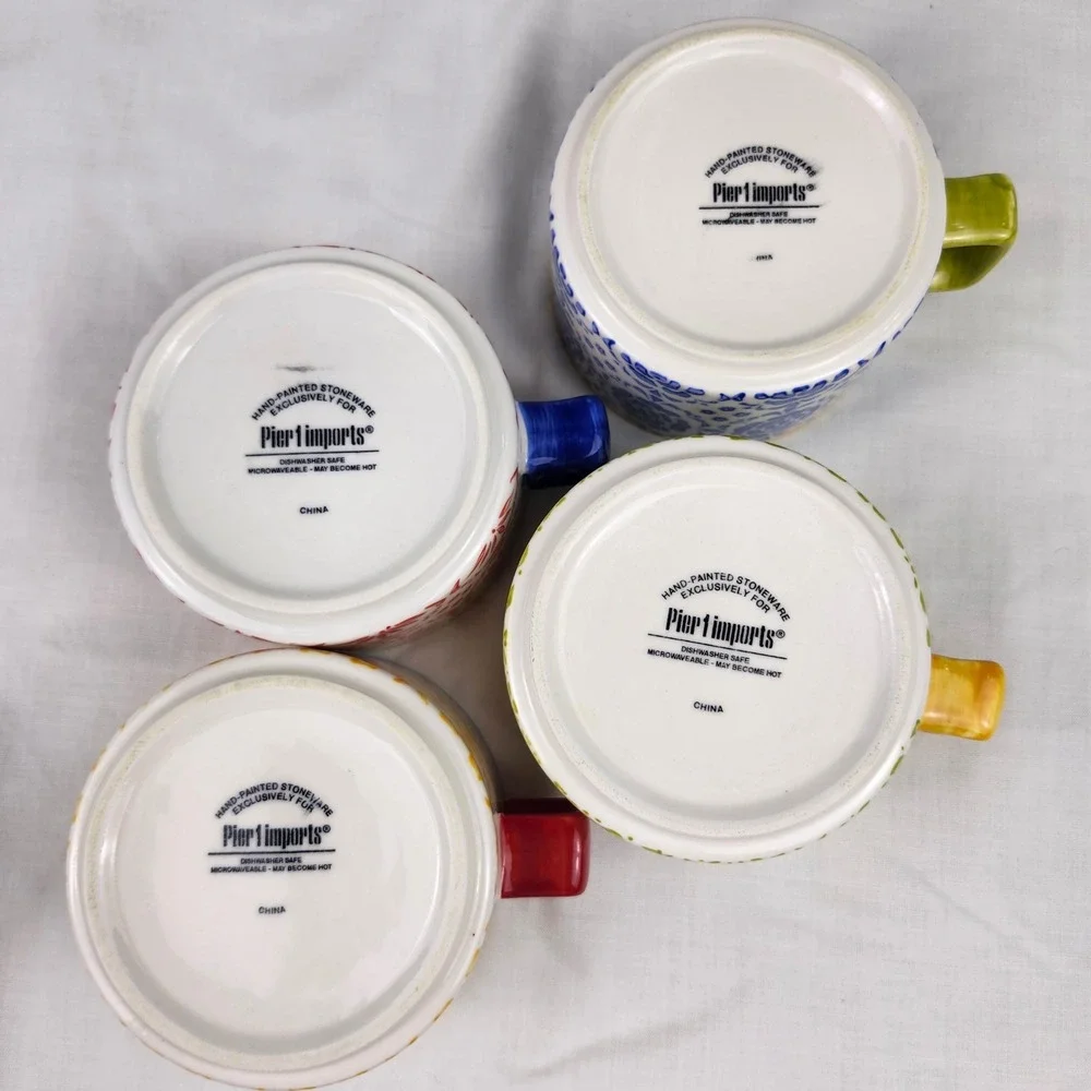 Pier 1 Imports Coffee Mugs Set of 4 Multicolor Floral Hand Painted Stoneware